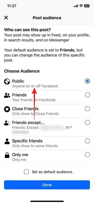 Switching to Public in "Post audience" window in Facebook iOS app.