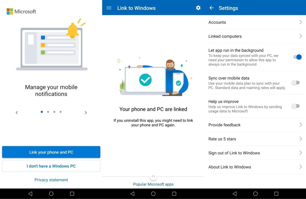 Microsoft Link to Windows app interface overview.