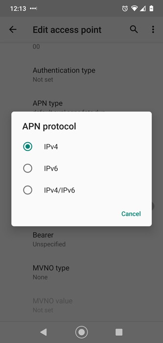 Choosing APN protocol on Android.