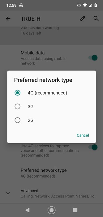 Choose a preferred mobile network type.