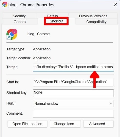 Modifying the target field of Chrome launcher.