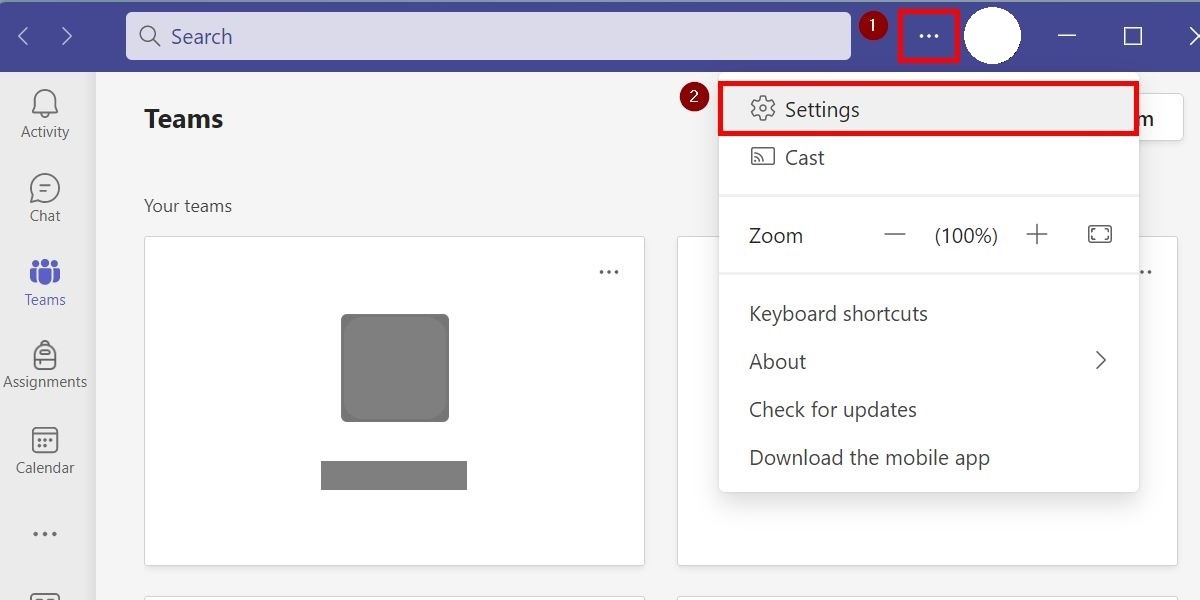 Opening the in-app settings menu of Microsoft Teams.