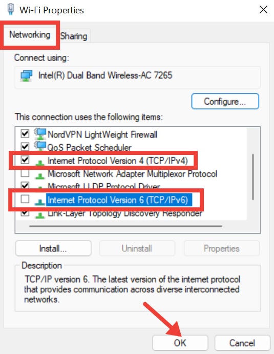 Checking IPv6 and IPv4 options in Wi-Fi Properties.