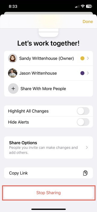 Stop Sharing in Notes