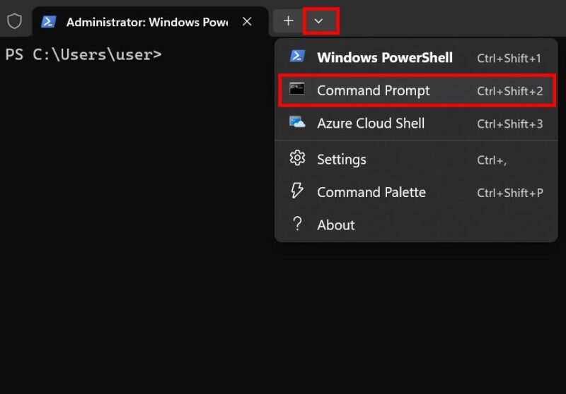 Opening an elevated Command Prompt tab in Terminal app.