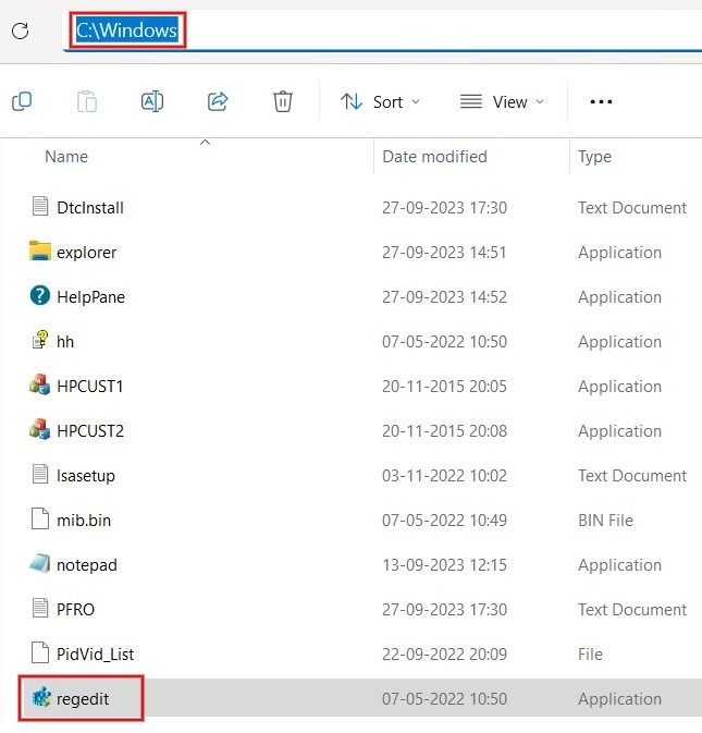 Navigating to "C:\Windows" and executing "regedit.exe" file.