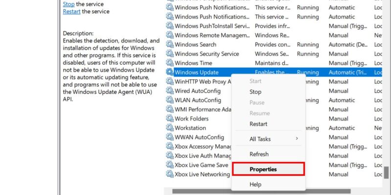 Selecting "Properties" for Windows Update service. 