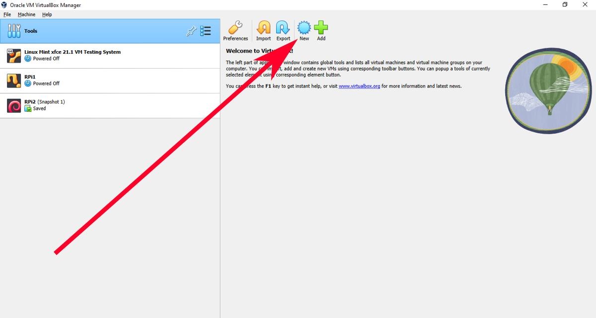 Oracle Vm Virtualbox Red Arrow On New Button