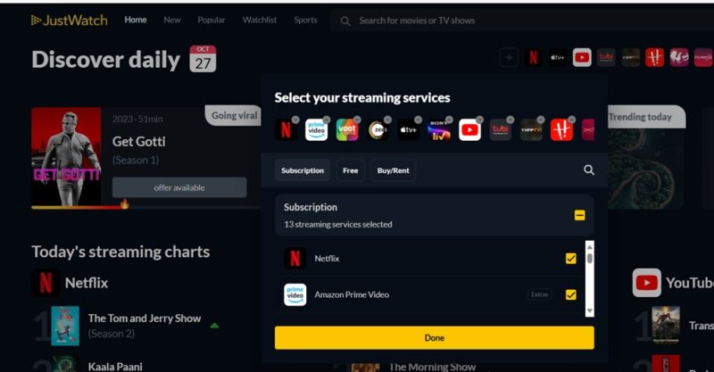 JustWatch with a feature to add multiple streaming services.