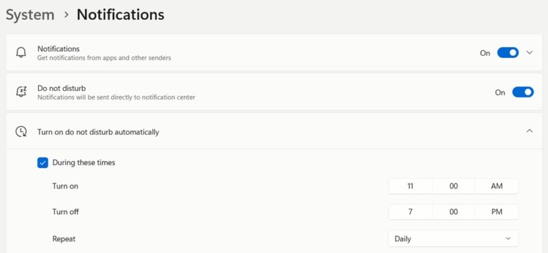 Adding Do Not Disturb times in Windows Settings.