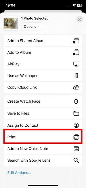 Print From Iphone Ipad Photo Option Menu