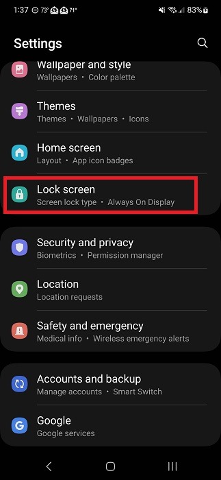 Tapping on "Lock screen" in Android Settings. 