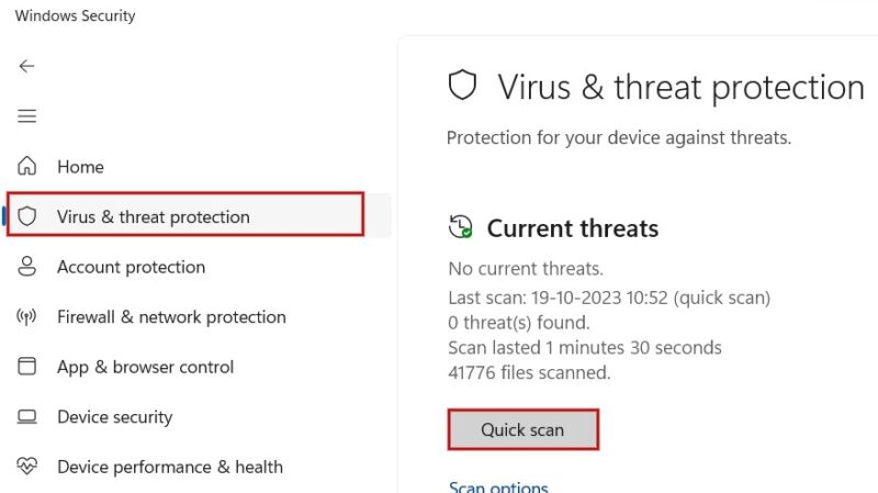 Running a "Quick scan" from Windows Security app. 