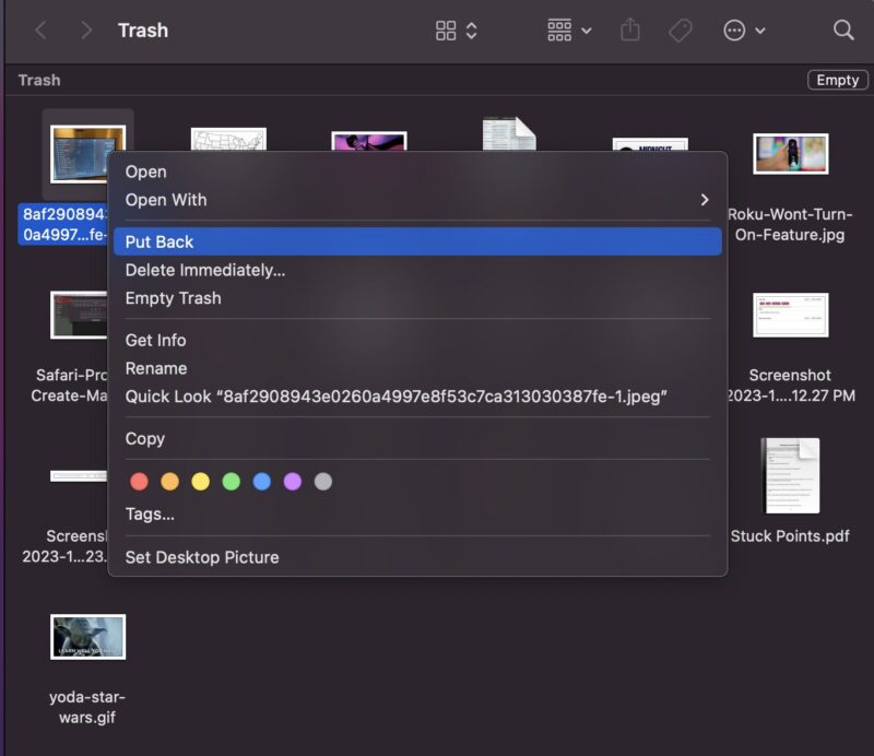 Selecting Put Back Option to Recover Deleted Files on Mac