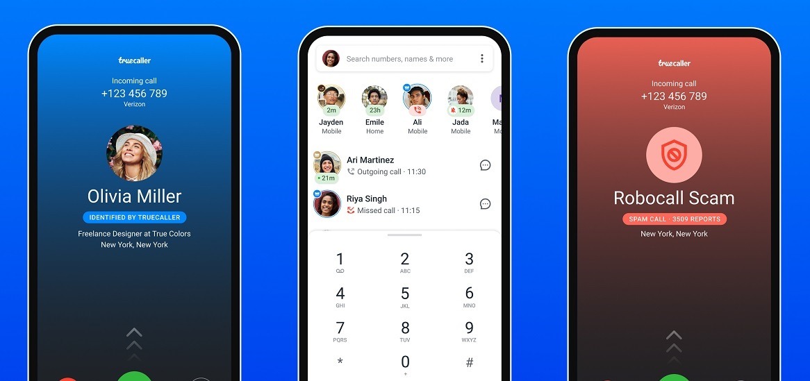 Truecaller app screenshots.