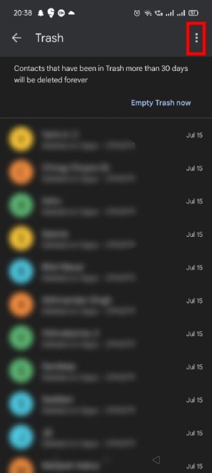 Tapping three dots in Trash folder in Google Contacts app.