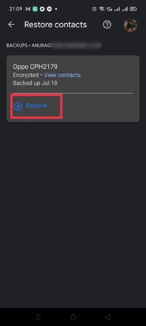 Clicking on "Restore" button in Google Contacts app. 