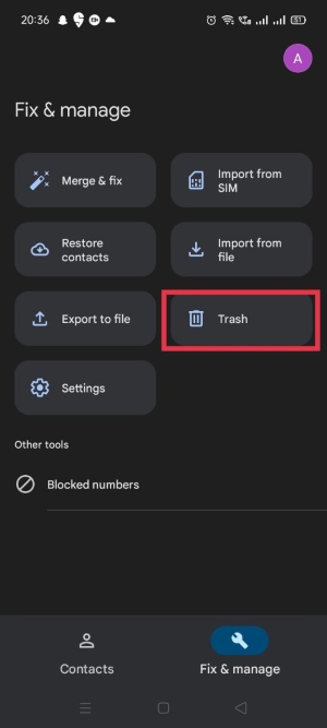 Click "Trash" in Google Contacts app.