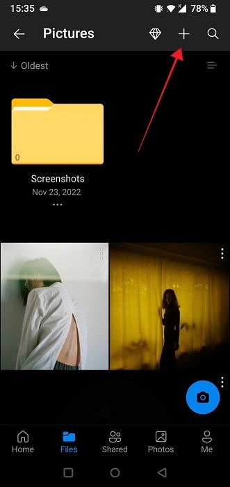 Pressing "+" button in the OneDrive app for Android.