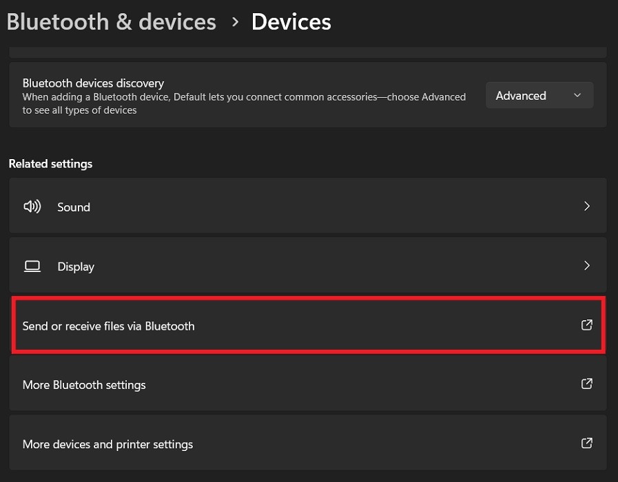 Selecting the "Send or receive files via Bluetooth" option in Windows Settings.