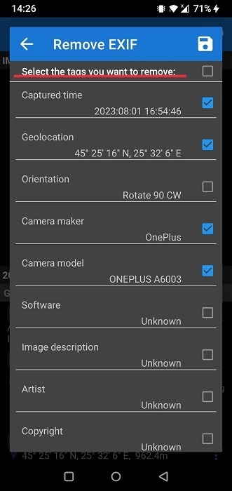 Selecting the tags to be removed in the Photo EXIF Editor app. 