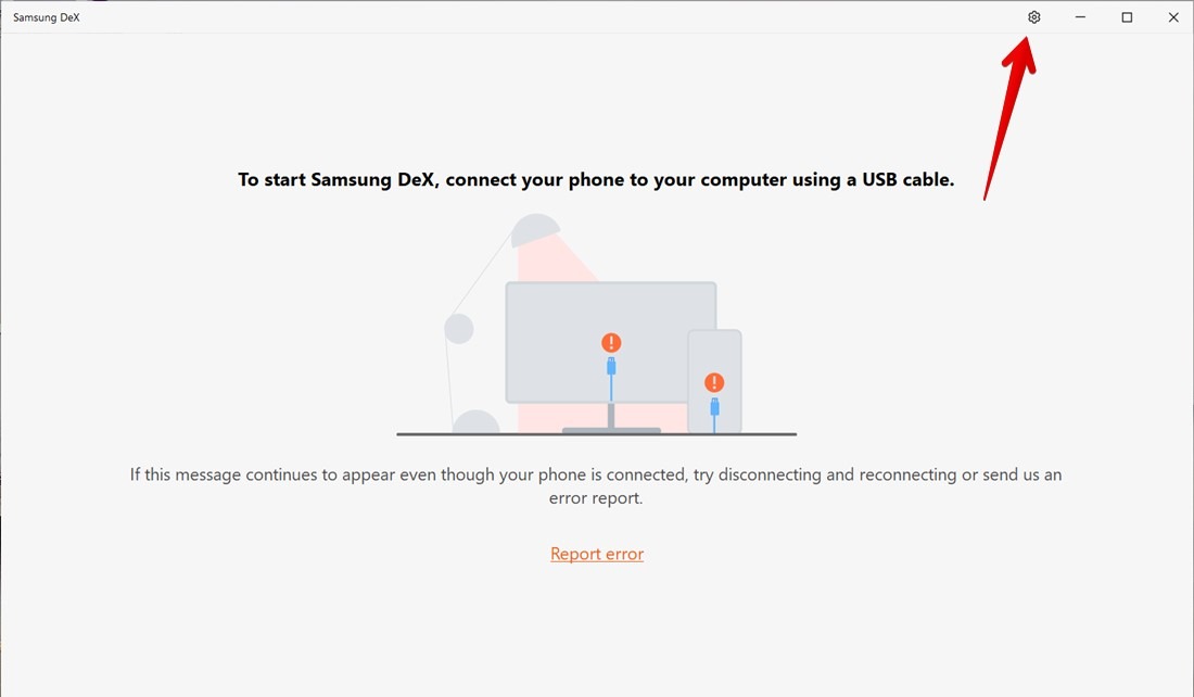 Click Settings in Samsung DeX app for Windows.