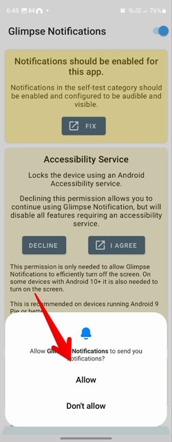 Tapping "Allow" to enable Glimpse Notification apps to send notifications.