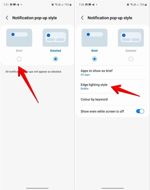 Selecting "Edge lighting style" option from Brief notification pop-up style in Samsung phone Settings.