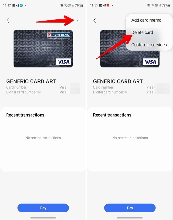 Tapping on "Delete card" option in Samsung Wallet app. 