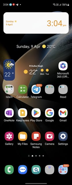 Samsung phone showcasing home screen. 