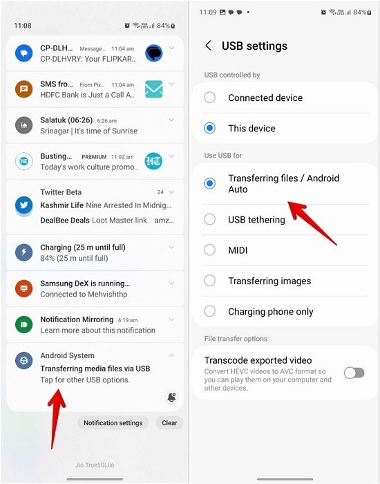 Adjusting USB settings on Samsung Galaxy phone. 