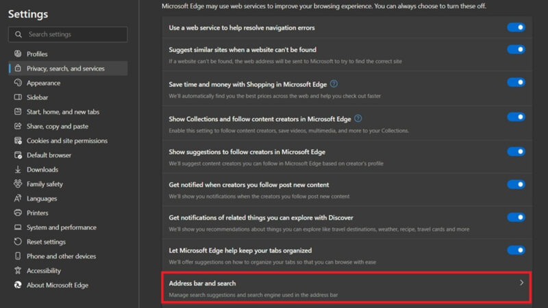 Clicking on "Address bar and search" option in Microsoft Edge Settings. 