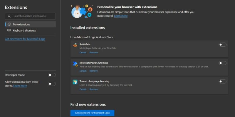 Disabling extensions in Microsoft Edge browser.