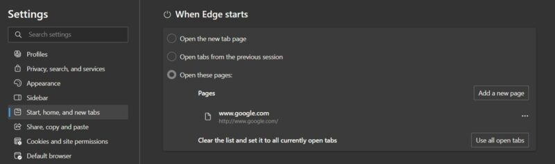Customizing "When Edge starts" page via Edge Settings.