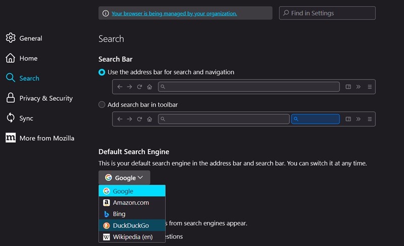 Customizing default search engine in Firefox.