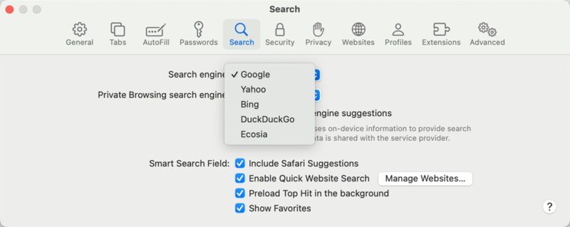 Changing search engine in Safari browser.