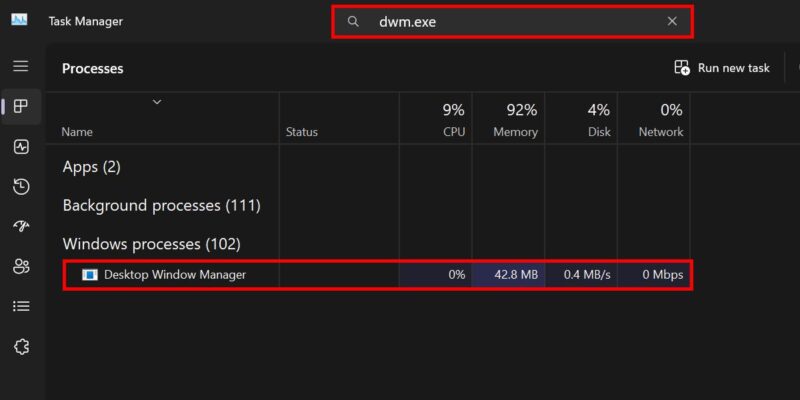 Searching for Desktop Window Manager in Task Manager