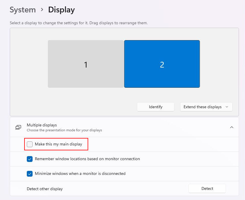 Setting the target screen as the main display.