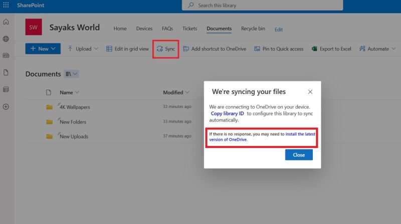 Clicking "Sync" to connect SharePoint to OneDrive account on Windows 11 PC.