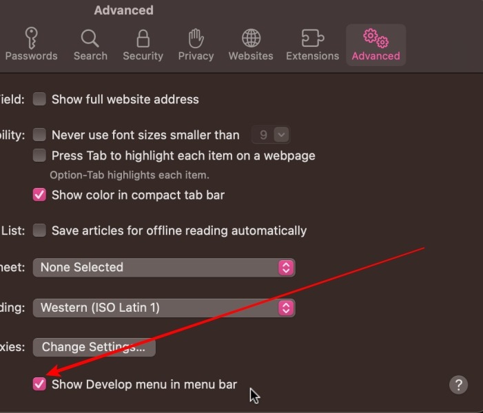 Show Develop Menu In Menu Bar Option On Safari Settings