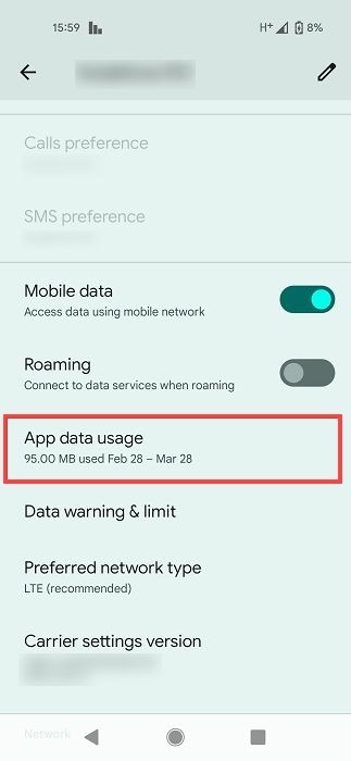 "App data usage" option under SIMs section in Settings.