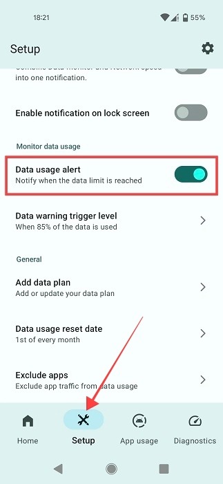 Enabling "Data usage alert" option in Data Monitor app.