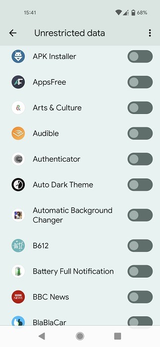 App with respective toggles fro unrestricted data on Android. 