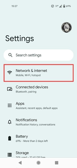 "Network & internet" option on Android. 