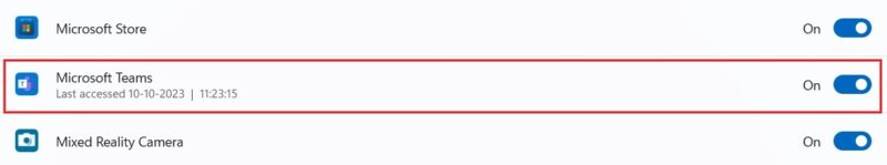 Enabling Microsoft Teams toggle in Windows Settings.