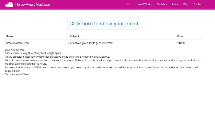 The home page of Throwawaymail, popular among throwaway email providers.