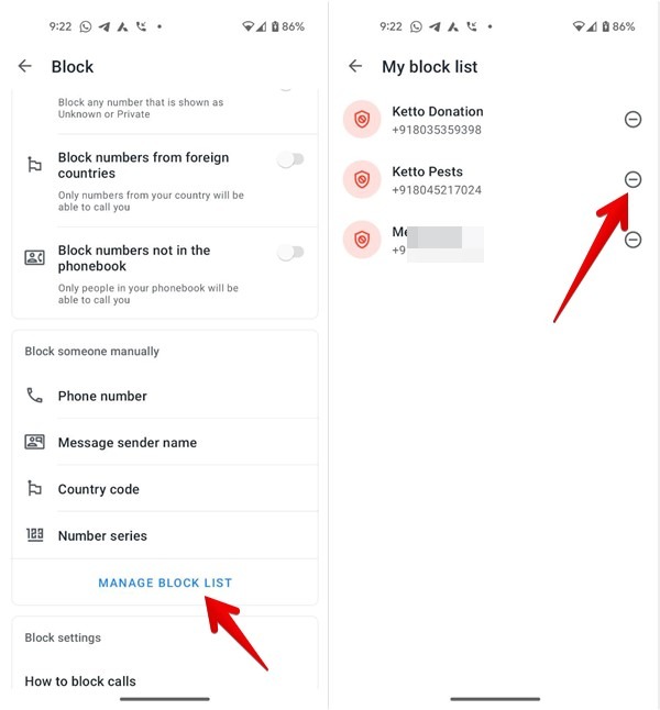 Tapping on "Manage block list" to reveal list of blocked numbers in Truecaller app. 