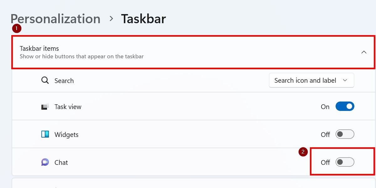 Opening the Taskbar items drop-down and turning off the Windows 11 chat feature