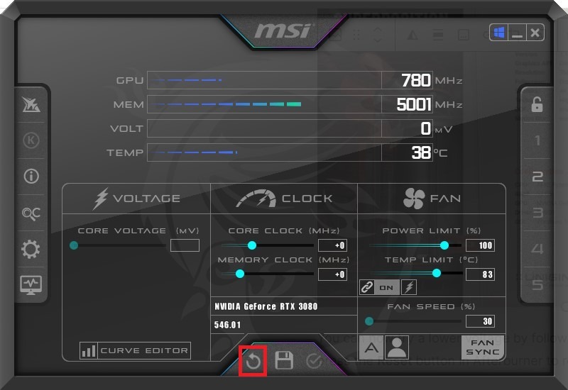 Reset MSI Afterburner settings to stock