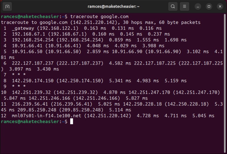 A terminal showing a basic traceroute for google.com.